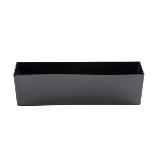A rectangular, black, plastic container by TableCraft with smooth surfaces and straight edges is shown against a white background. This versatile melamine bowl is empty and viewed from the front.