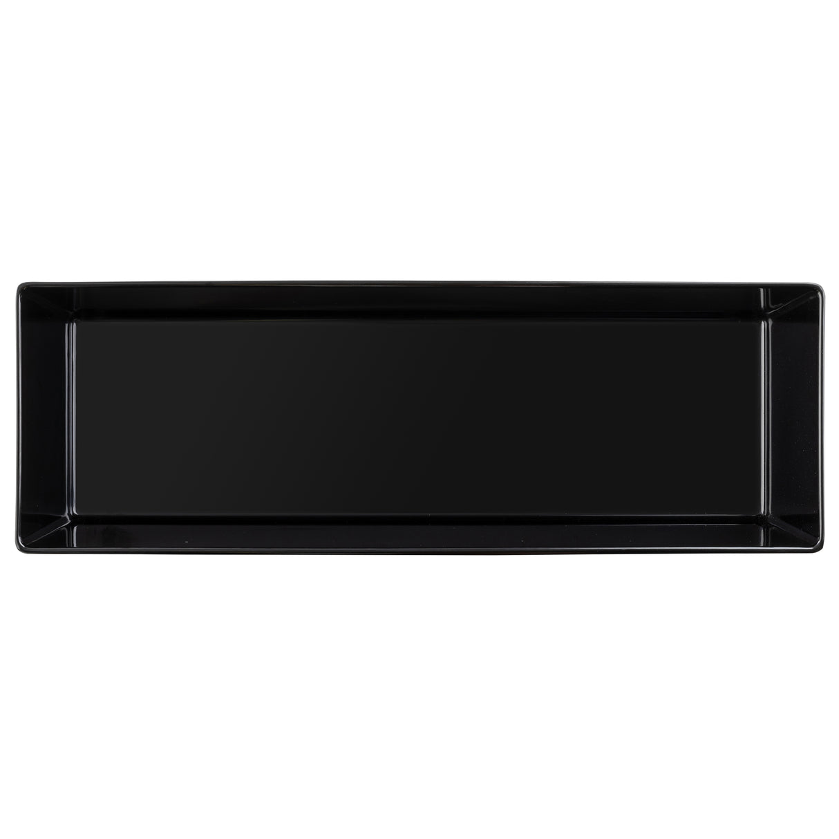 A rectangular, black, glossy serving tray with slightly raised edges and a smooth surface, shown from a top-down perspective on a white background. This minimalist TableCraft piece is perfect for showcasing an empty melamine bowl or other modern serveware.