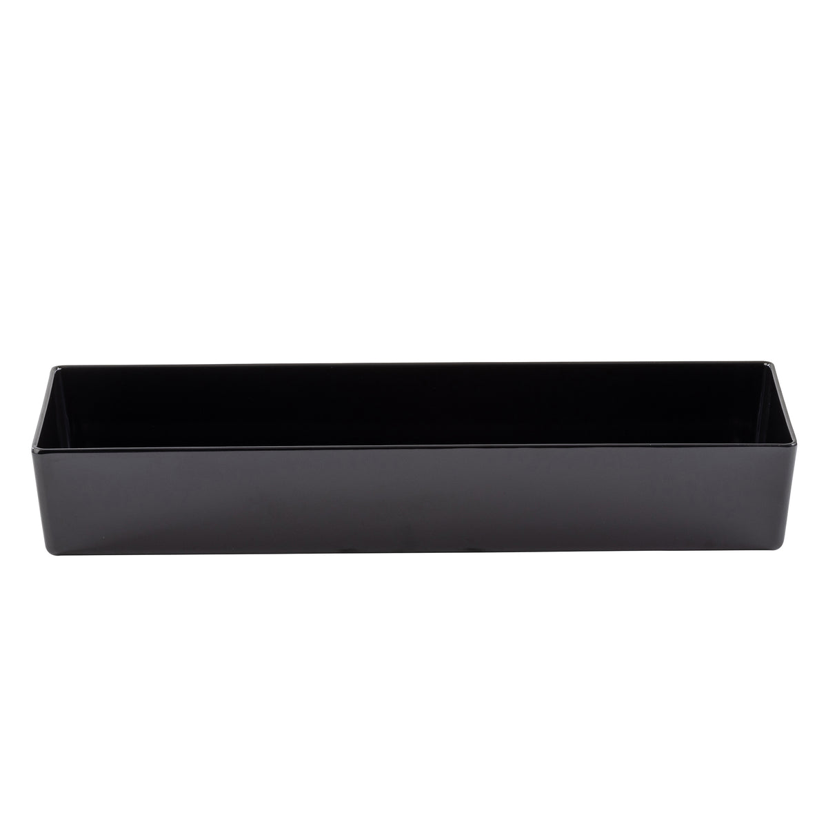 A rectangular, black, open-top TableCraft melamine bowl is shown against a white background. The 5 qt bowl features straight, vertical sides and a smooth finish, with no visible handles or markings.