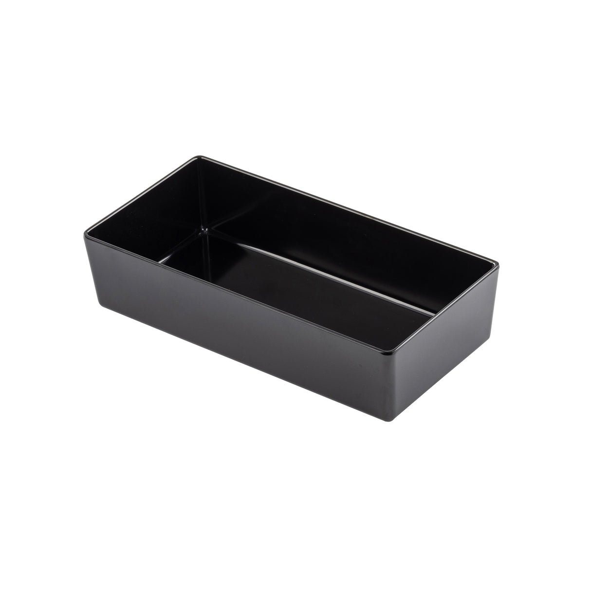 A black rectangular melamine bowl with smooth, glossy sides and an open top, photographed against a white background. The tray is simple and unadorned, with slightly rounded corners and no visible handles or markings.