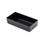 A black rectangular melamine bowl with smooth, glossy sides and an open top, photographed against a white background. The tray is simple and unadorned, with slightly rounded corners and no visible handles or markings.