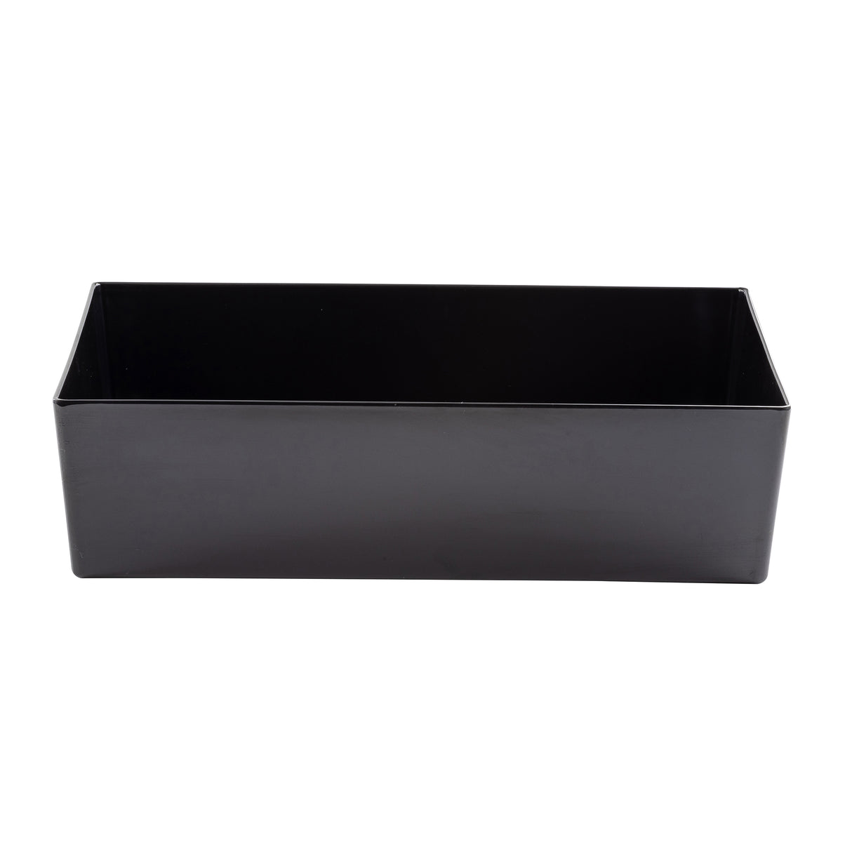 A rectangular, black plastic TableCraft bowl with straight sides and no visible markings or handles, photographed on a white background. The empty 3.25 qt bowl’s open top faces forward, highlighting its depth and simple design.