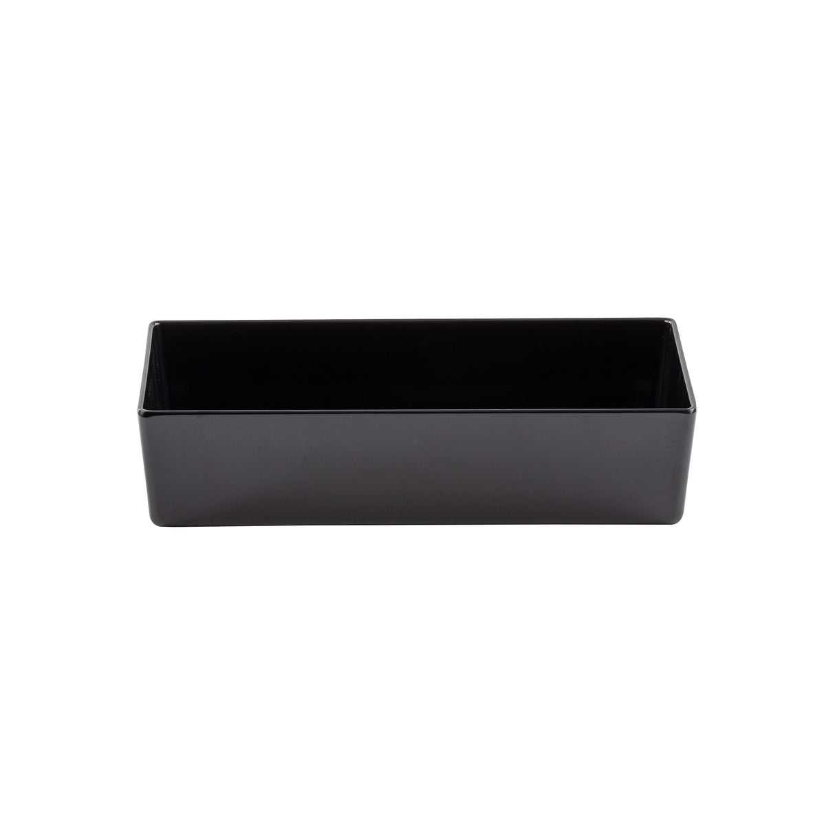 A rectangular, black, glossy melamine bowl with straight sides and no visible handles or decorations, shown against a plain white background. The 3.25 qt bowl is empty and has an open top, suggesting it is used for storage or organization.