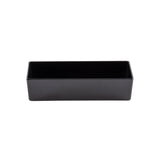 A rectangular, black, glossy melamine bowl with straight sides and no visible handles or decorations, shown against a plain white background. The 3.25 qt bowl is empty and has an open top, suggesting it is used for storage or organization.