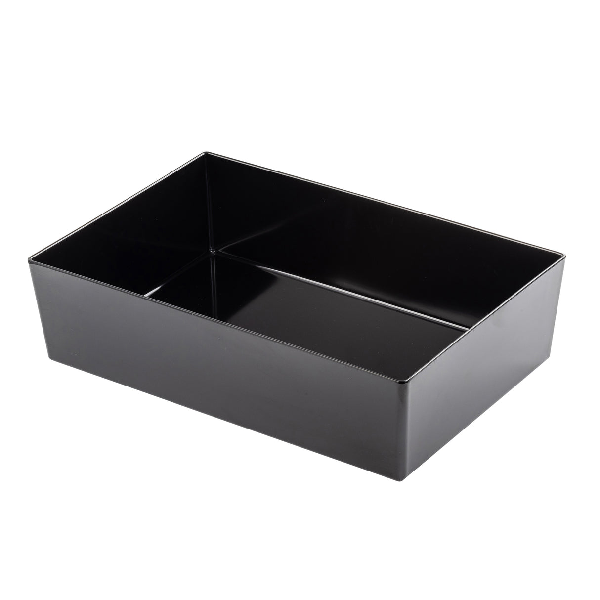 A rectangular, glossy black serving bowl with straight sides and sharp corners, shown empty against a white background. The open-top 2.25 qt bowl features a smooth, reflective surface and modern design.