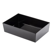 A rectangular, glossy black serving bowl with straight sides and sharp corners, shown empty against a white background. The open-top 2.25 qt bowl features a smooth, reflective surface and modern design.