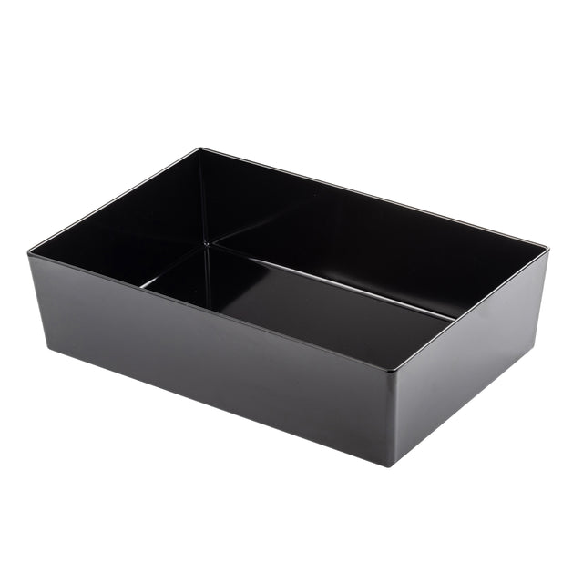 A rectangular, glossy black serving bowl with straight sides and sharp corners, shown empty against a white background. The open-top 2.25 qt bowl features a smooth, reflective surface and modern design.