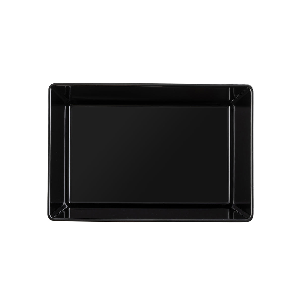 A rectangular, glossy black serving bowl with raised edges, viewed from above against a plain white background. The tray features sharp corners and a smooth, reflective surface.