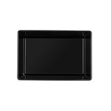 A rectangular, glossy black serving bowl with raised edges, viewed from above against a plain white background. The tray features sharp corners and a smooth, reflective surface.