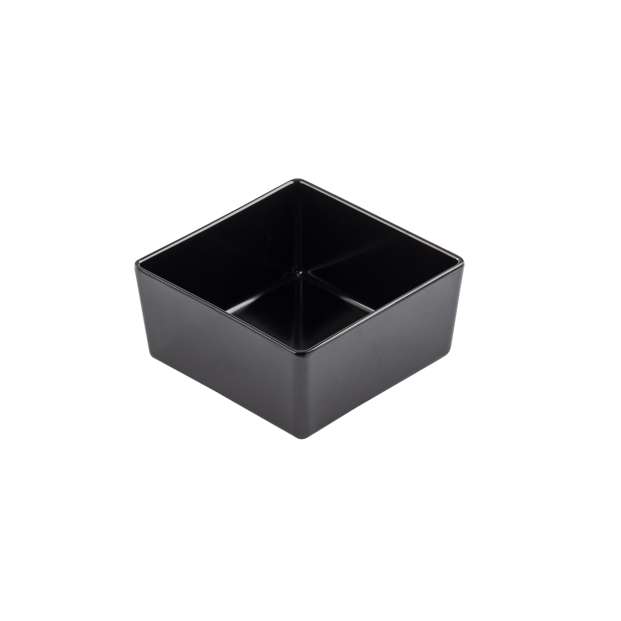 A small, empty, black Simple Solutions Bowl with slightly rounded corners is shown on a white background. Crafted from durable melamine, this TableCraft dish features smooth surfaces and a modern, minimalist design.