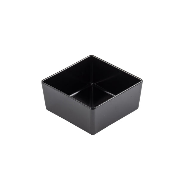 A small, empty, black Simple Solutions Bowl with slightly rounded corners is shown on a white background. Crafted from durable melamine, this TableCraft dish features smooth surfaces and a modern, minimalist design.