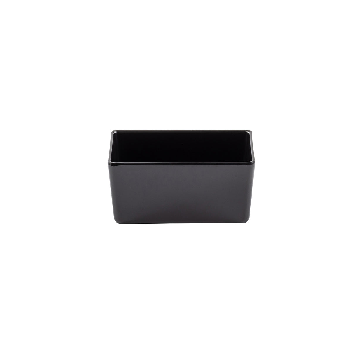 A small, rectangular black ceramic container with smooth sides and a glossy finish, similar to a Simple Solutions Bowl by TableCraft, is photographed against a plain white background. The empty container has slightly rounded edges and an open top.