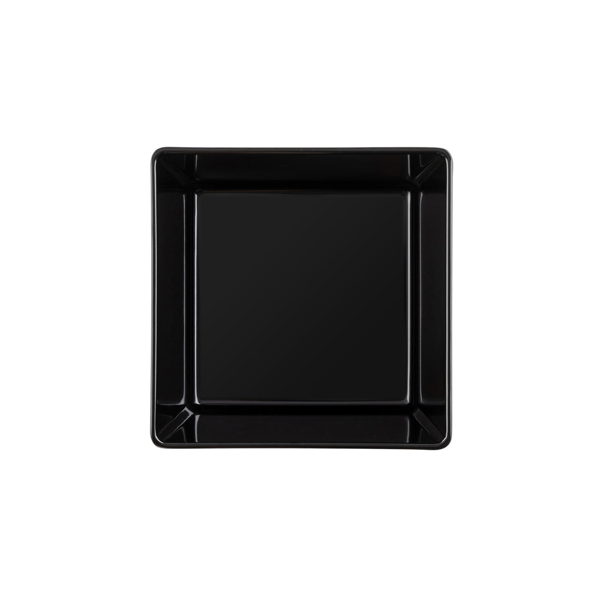 A square, glossy black TableCraft plate with slightly raised edges is centered on a white background. Its clean, sharp corners and smooth surface give it a modern, minimalist appearance.