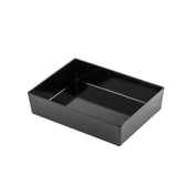A black rectangular plastic TableCraft tray with two compartments, one smaller than the other, set against a plain white background. The tray has smooth, straight edges and a glossy finish.