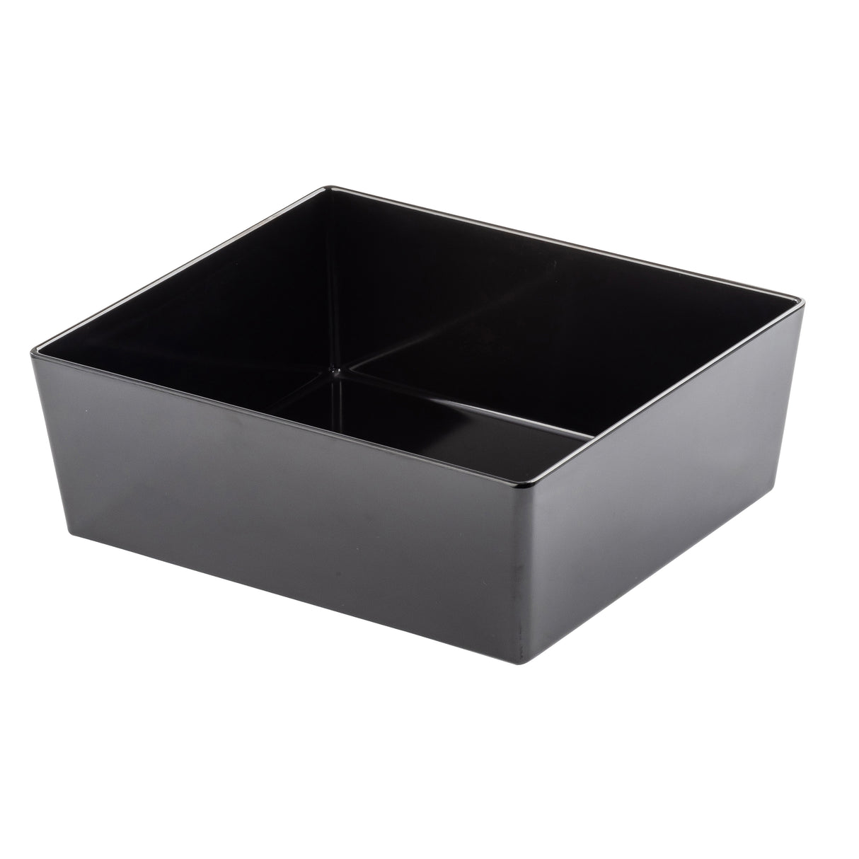 A black, glossy, square melamine bowl with straight sides and a flat bottom. The empty Simple Solutions Bowl is shown at an angle against a white background.