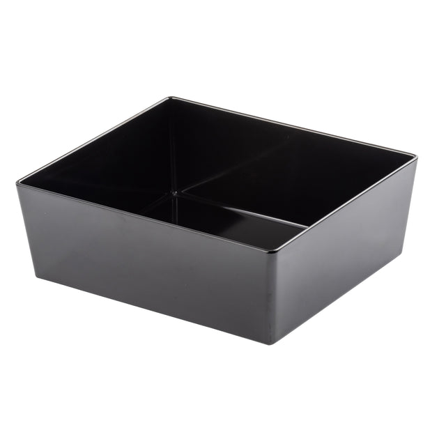A black, glossy, square melamine bowl with straight sides and a flat bottom. The empty Simple Solutions Bowl is shown at an angle against a white background.