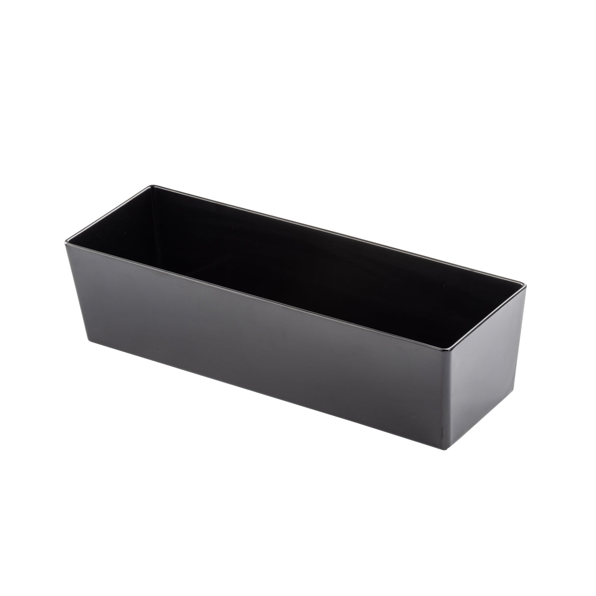 A plain, rectangular black plastic container with straight sides, resembling an 8.75 qt bowl from TableCraft Products, is photographed on a white background and viewed slightly from above, revealing its open top and empty interior.
