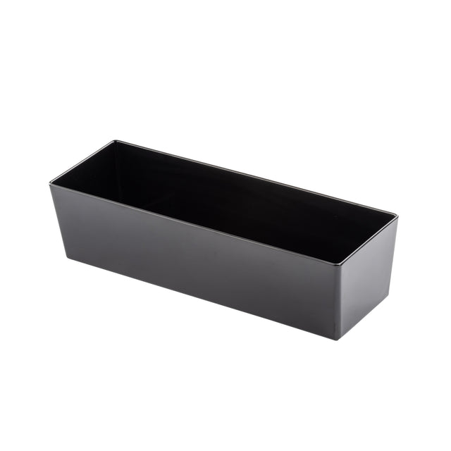 A plain, rectangular black plastic container with straight sides, resembling an 8.75 qt bowl from TableCraft Products, is photographed on a white background and viewed slightly from above, revealing its open top and empty interior.