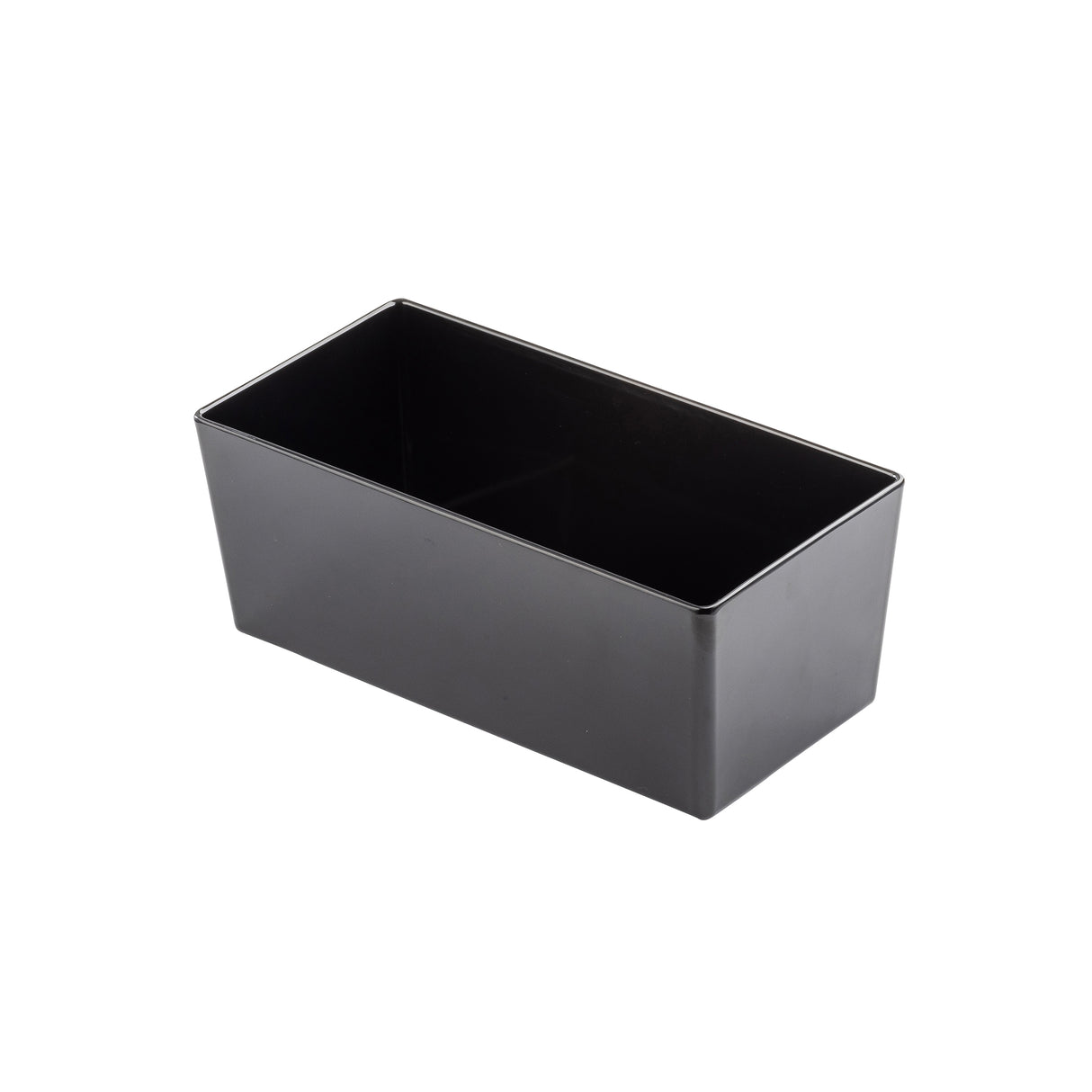 A black, rectangular, open-top TableCraft plastic container with smooth sides and sharp edges, photographed against a plain white background. The empty 5.75 qt bowl is viewed from a slightly elevated angle, showing the inside and two sides.