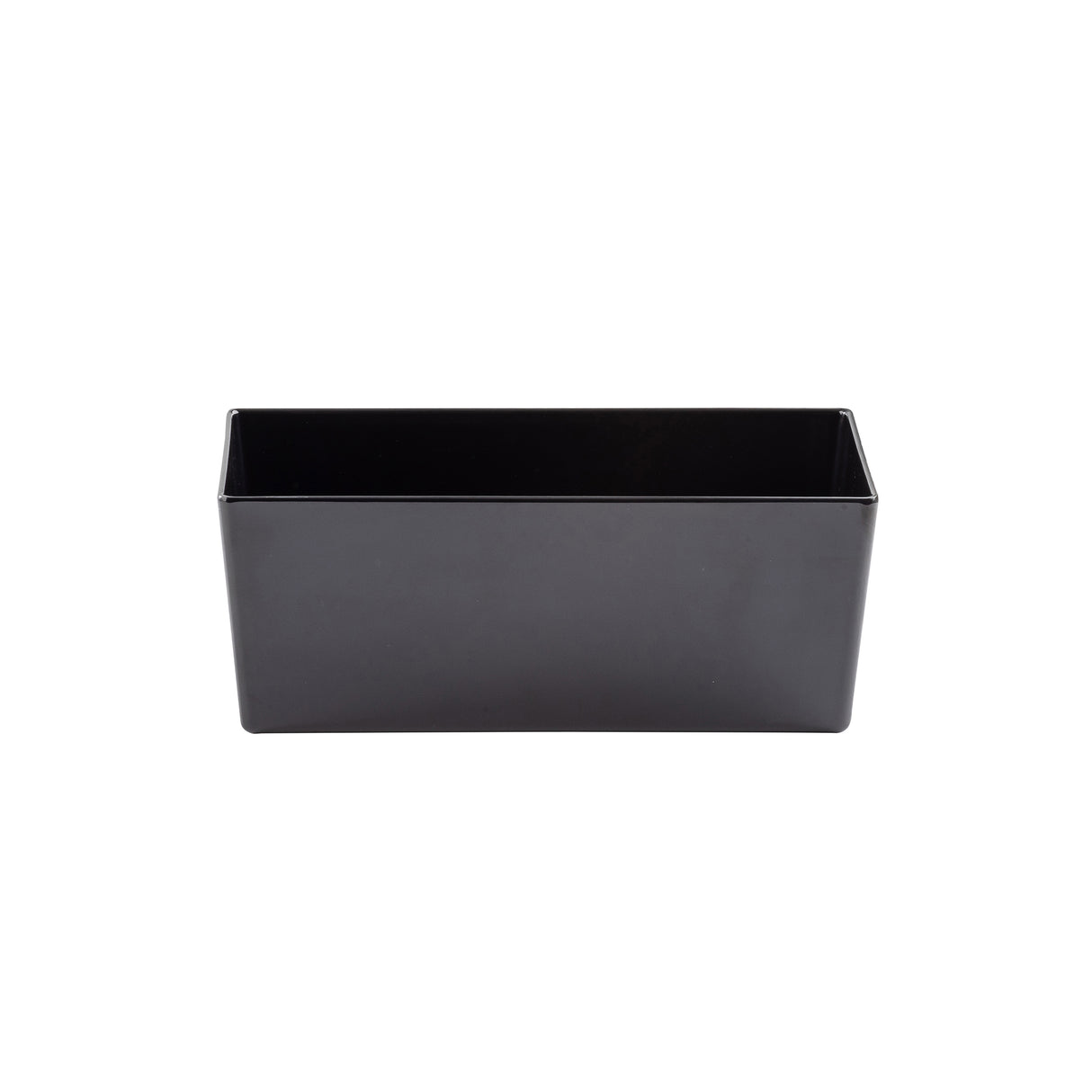 A plain, rectangular black melamine bowl with straight sides and an open top, shown against a white background. The surface appears smooth and glossy, with no visible handles, decorations, or markings—ideal as a 5.75 qt TableCraft bowl.