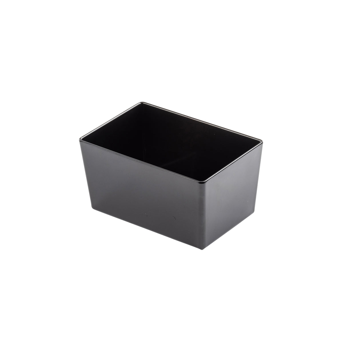 A plain, rectangular black plastic TableCraft container with straight sides, shown against a white background. The empty 4.25 qt bowl is positioned at a slight angle, revealing its interior and depth.