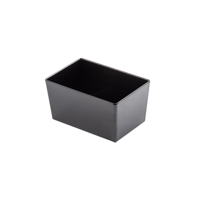 A plain, rectangular black plastic TableCraft container with straight sides, shown against a white background. The empty 4.25 qt bowl is positioned at a slight angle, revealing its interior and depth.