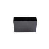 A plain, rectangular black melamine bowl with a glossy finish, viewed from the front against a white background. This 4.25 qt bowl by TableCraft is empty and features straight sides with slightly rounded corners.