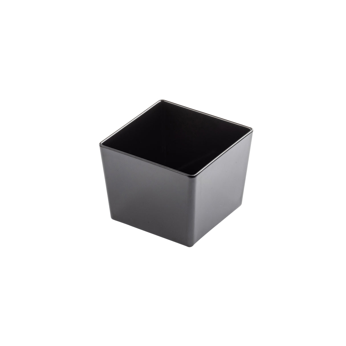 A small, empty, black TableCraft melamine bowl is centered on a white background. The bowl features smooth sides and an open top, revealing its dark interior. Subtle highlights accentuate the edges under the lighting.