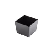 A small, empty, black TableCraft melamine bowl is centered on a white background. The bowl features smooth sides and an open top, revealing its dark interior. Subtle highlights accentuate the edges under the lighting.
