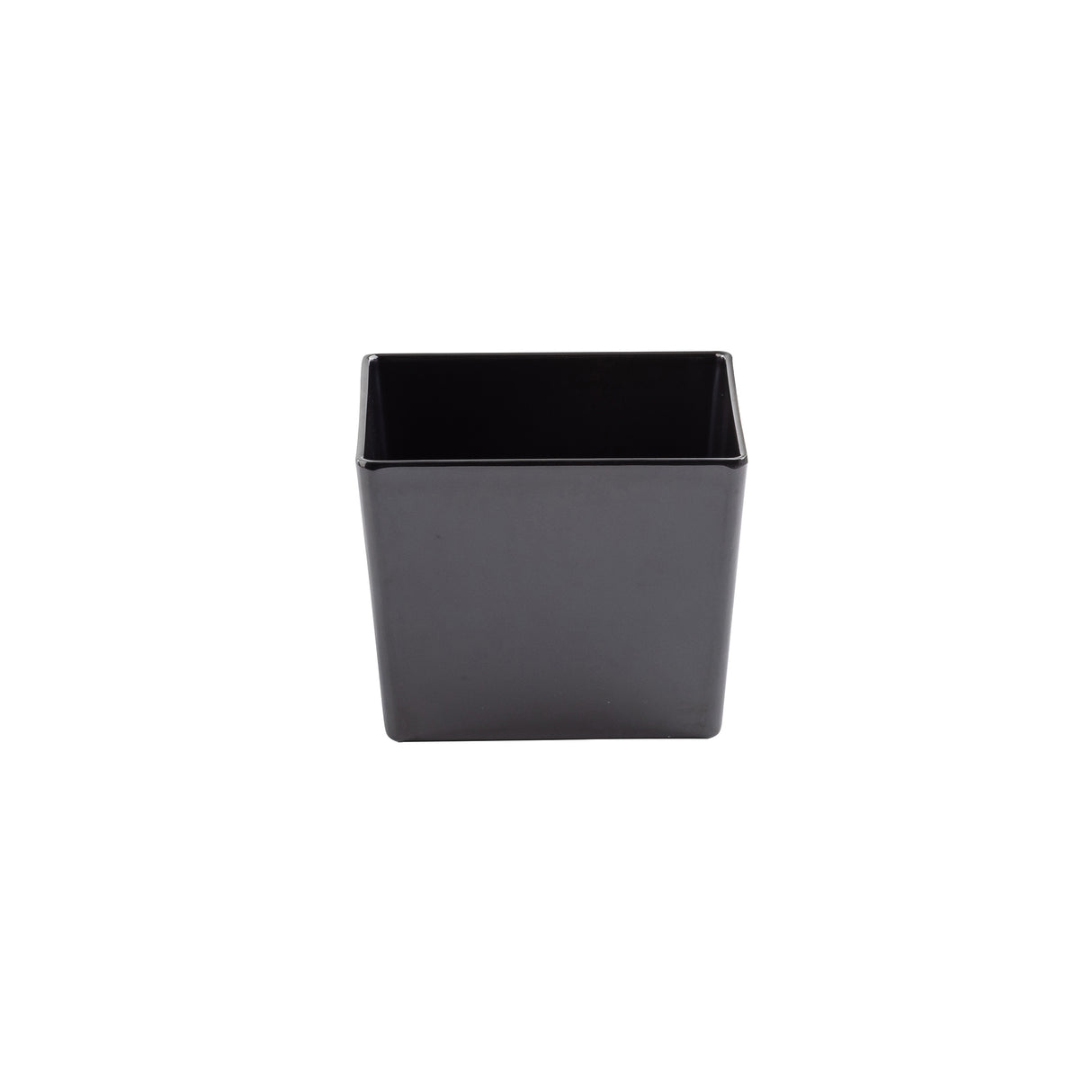 A small, empty, square-shaped black melamine bowl by TableCraft is centered on a plain white background. The 2.5 qt bowl features straight sides and sharp edges, with its smooth open top facing forward.
