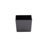 A small, empty, square-shaped black melamine bowl by TableCraft is centered on a plain white background. The 2.5 qt bowl features straight sides and sharp edges, with its smooth open top facing forward.