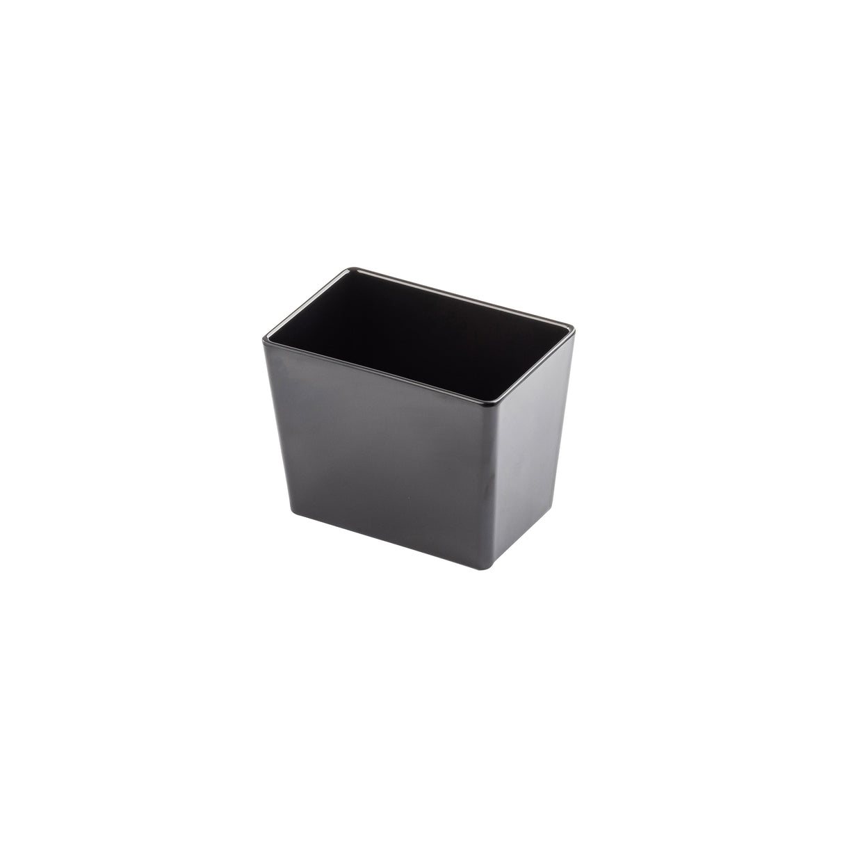 A small, rectangular black melamine bowl with slightly tapered sides. This empty TableCraft container has a smooth surface and is positioned against a plain white background.