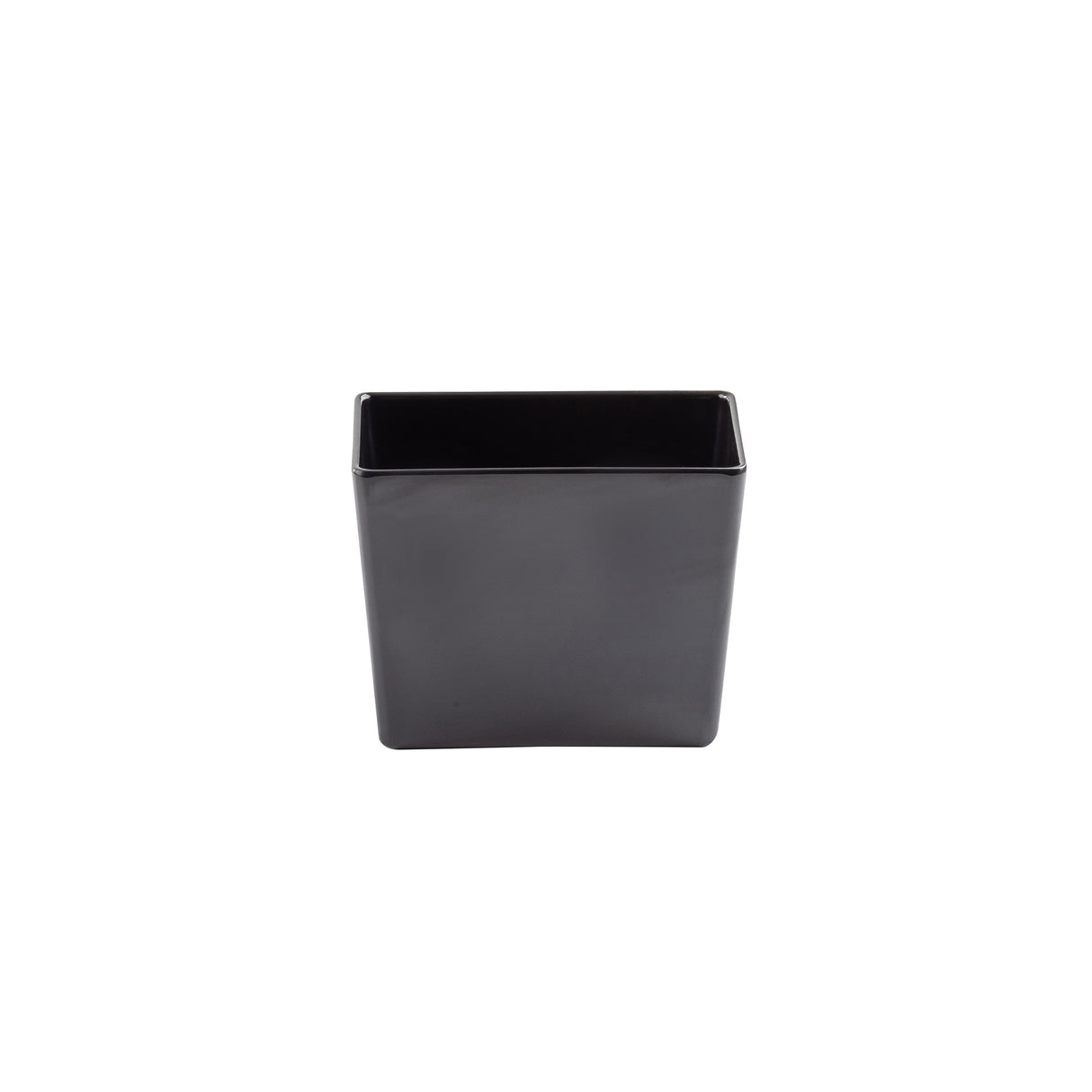 A small, square, black melamine bowl with smooth, glossy surfaces and slightly rounded corners sits upright against a plain white background. The empty TableCraft container has its opening facing forward.