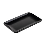 A plain, glossy black TableCraft platter with slightly raised and rounded edges sits against a white background. The plate appears empty and has a smooth, minimalist design.
