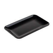 A plain, glossy black TableCraft platter with slightly raised and rounded edges sits against a white background. The plate appears empty and has a smooth, minimalist design.