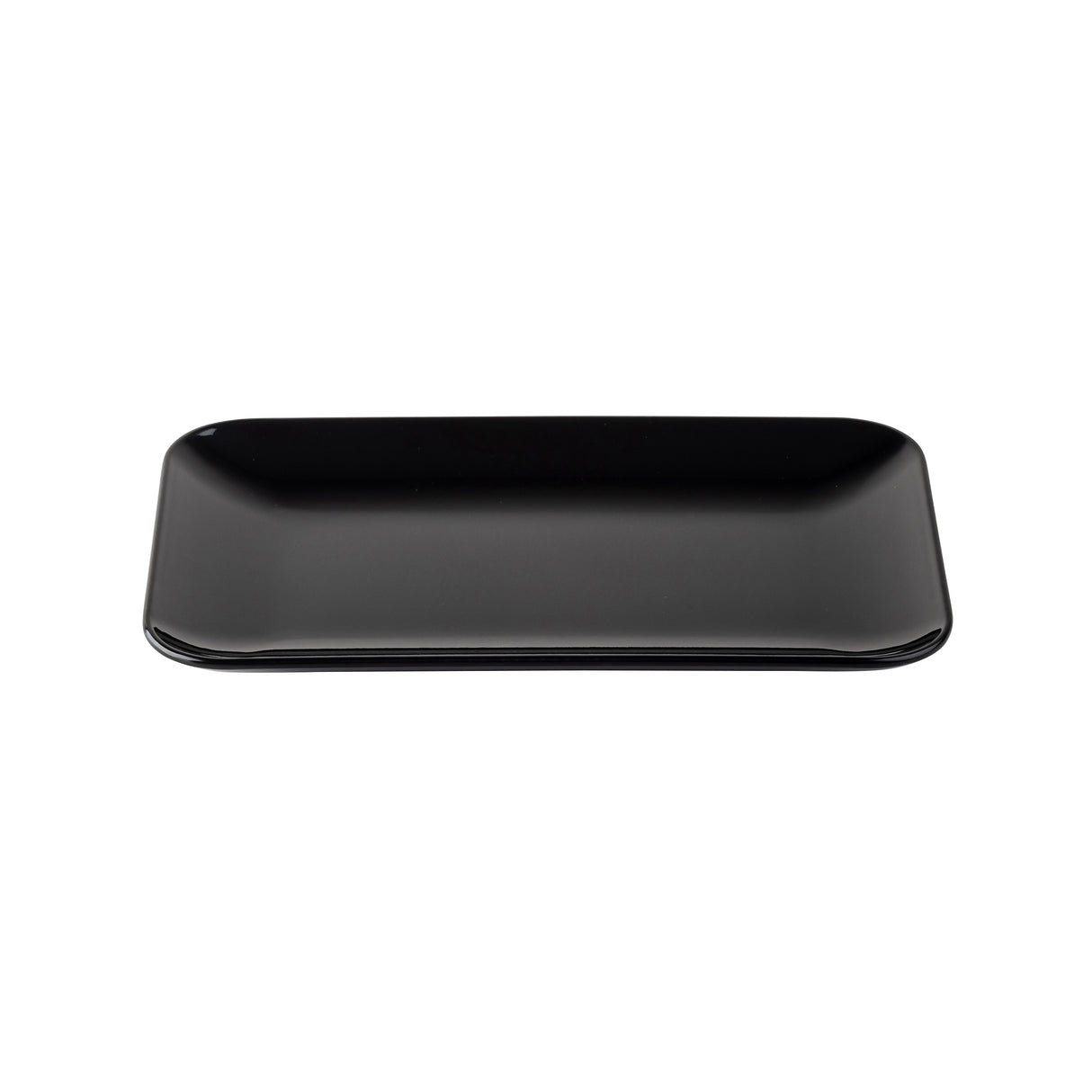 A rectangular, glossy black TableCraft platter with slightly raised, rounded edges is centered on a white background. The plate is empty and minimalist in design, featuring a smooth, reflective surface.