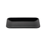 A rectangular, glossy black TableCraft platter with slightly raised, rounded edges is centered on a white background. The plate is empty and minimalist in design, featuring a smooth, reflective surface.