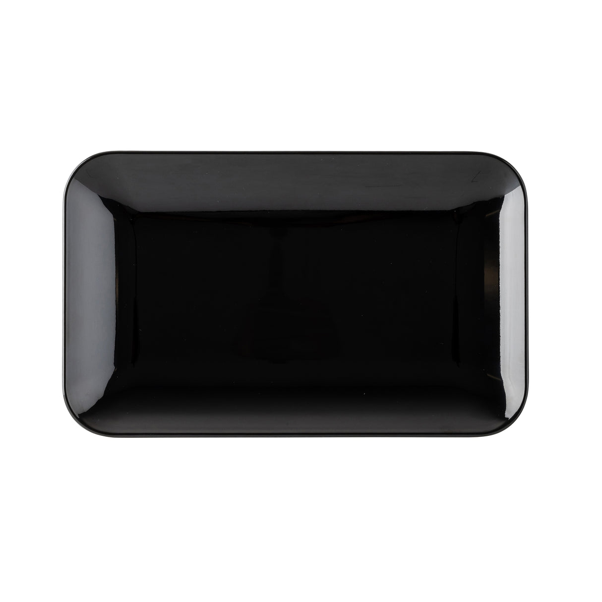 A glossy, rectangular black melamine serving platter with rounded corners is pictured from above against a white background. The plate has smooth edges and a shiny surface, reflecting light. It is empty and centered in the image.