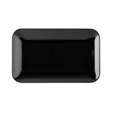 A glossy, rectangular black melamine serving platter with rounded corners is pictured from above against a white background. The plate has smooth edges and a shiny surface, reflecting light. It is empty and centered in the image.