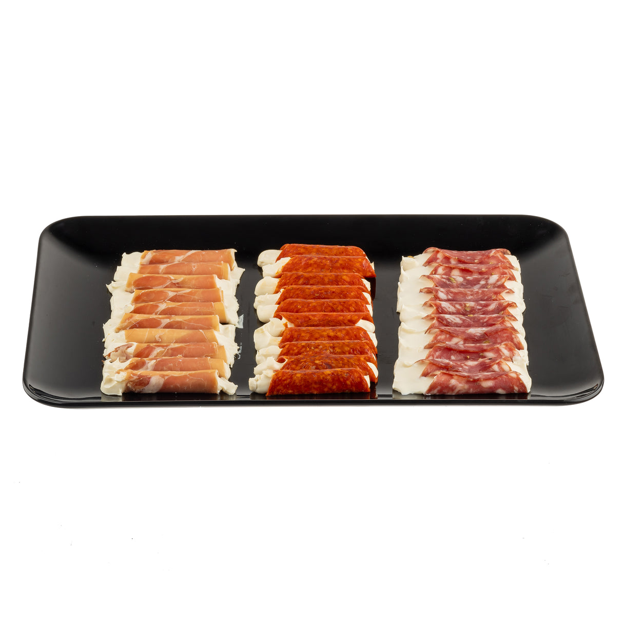 A black TableCraft platter displays three neat rows of sliced cured meats—prosciutto, chorizo, and salami—arranged side by side on a white background.