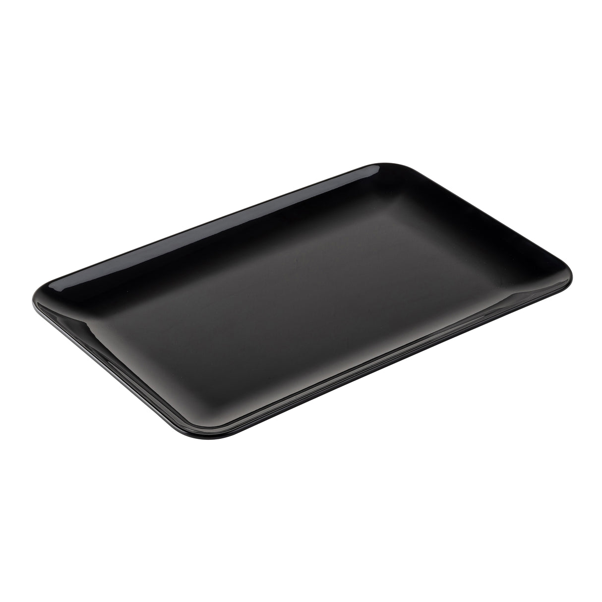 A rectangular black plate with slightly raised edges and a smooth, glossy finish is shown on a white background. This black rectangular platter features rounded corners and a minimalist, modern design, perfect for stylish serving.