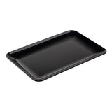 A rectangular black plate with slightly raised edges and a smooth, glossy finish is shown on a white background. This black rectangular platter features rounded corners and a minimalist, modern design, perfect for stylish serving.