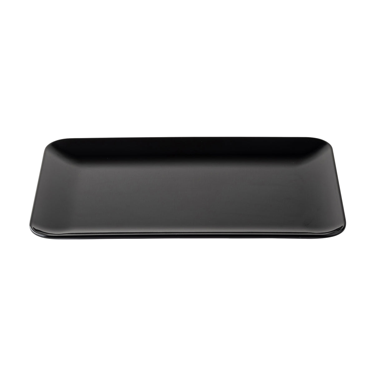 A rectangular, matte black Sierra Collection serving platter with slightly rounded corners and a gentle curve at the edges, photographed against a white background. The empty melamine platter features a smooth, minimalist design.