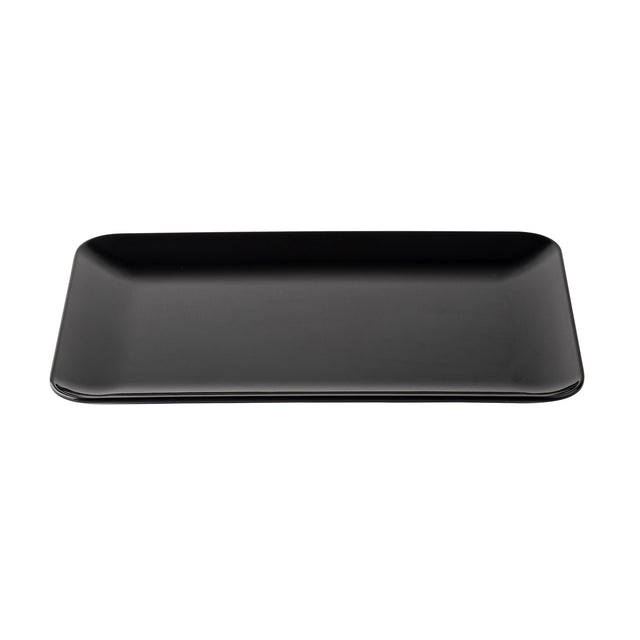 A rectangular, matte black Sierra Collection serving platter with slightly rounded corners and a gentle curve at the edges, photographed against a white background. The empty melamine platter features a smooth, minimalist design.