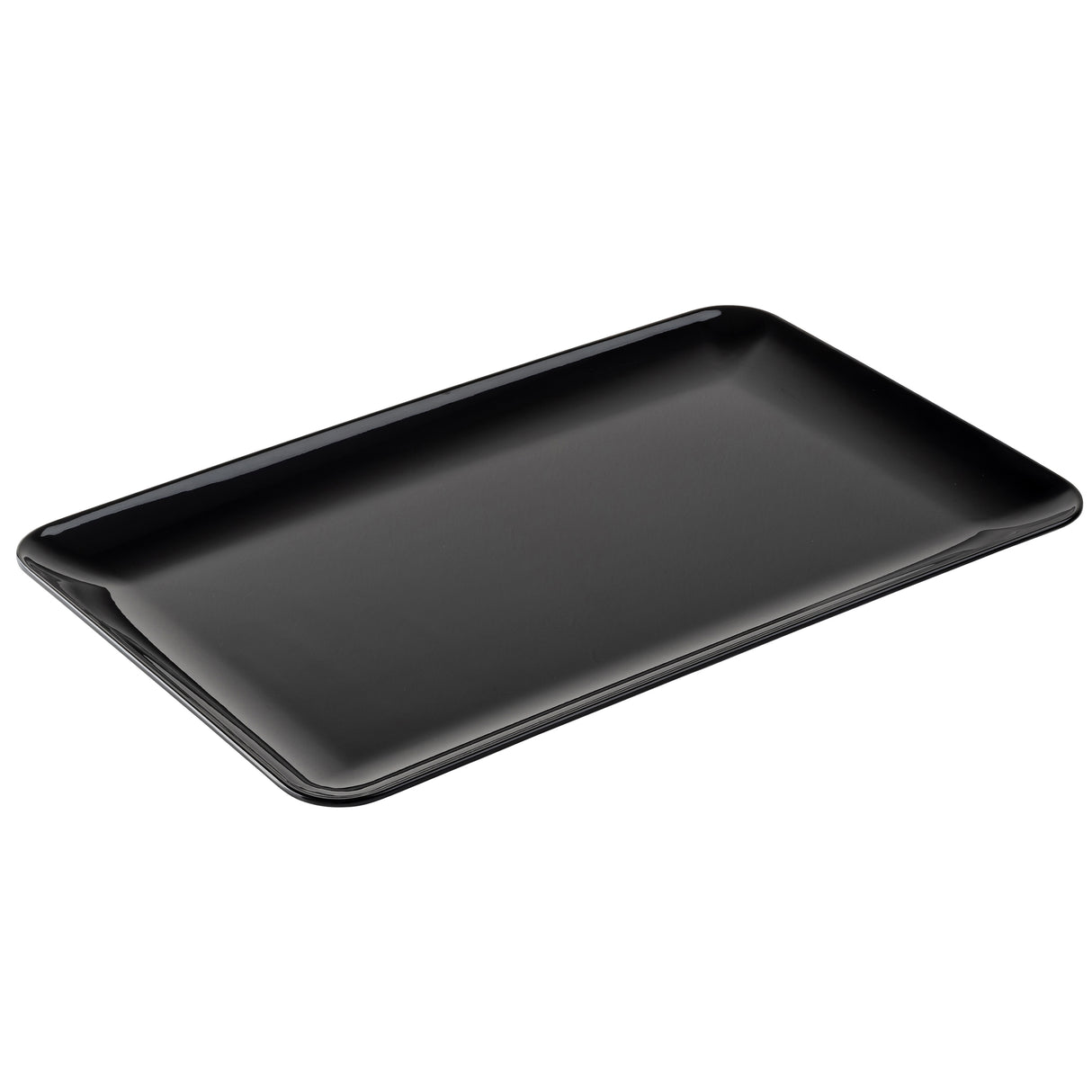 A plain, rectangular black serving platter with slightly raised edges. This Sierra Collection Serving Platter features a smooth, glossy finish and is photographed on a white background at a slight angle to highlight its surface and depth.