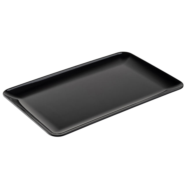 A plain, rectangular black serving platter with slightly raised edges. This Sierra Collection Serving Platter features a smooth, glossy finish and is photographed on a white background at a slight angle to highlight its surface and depth.