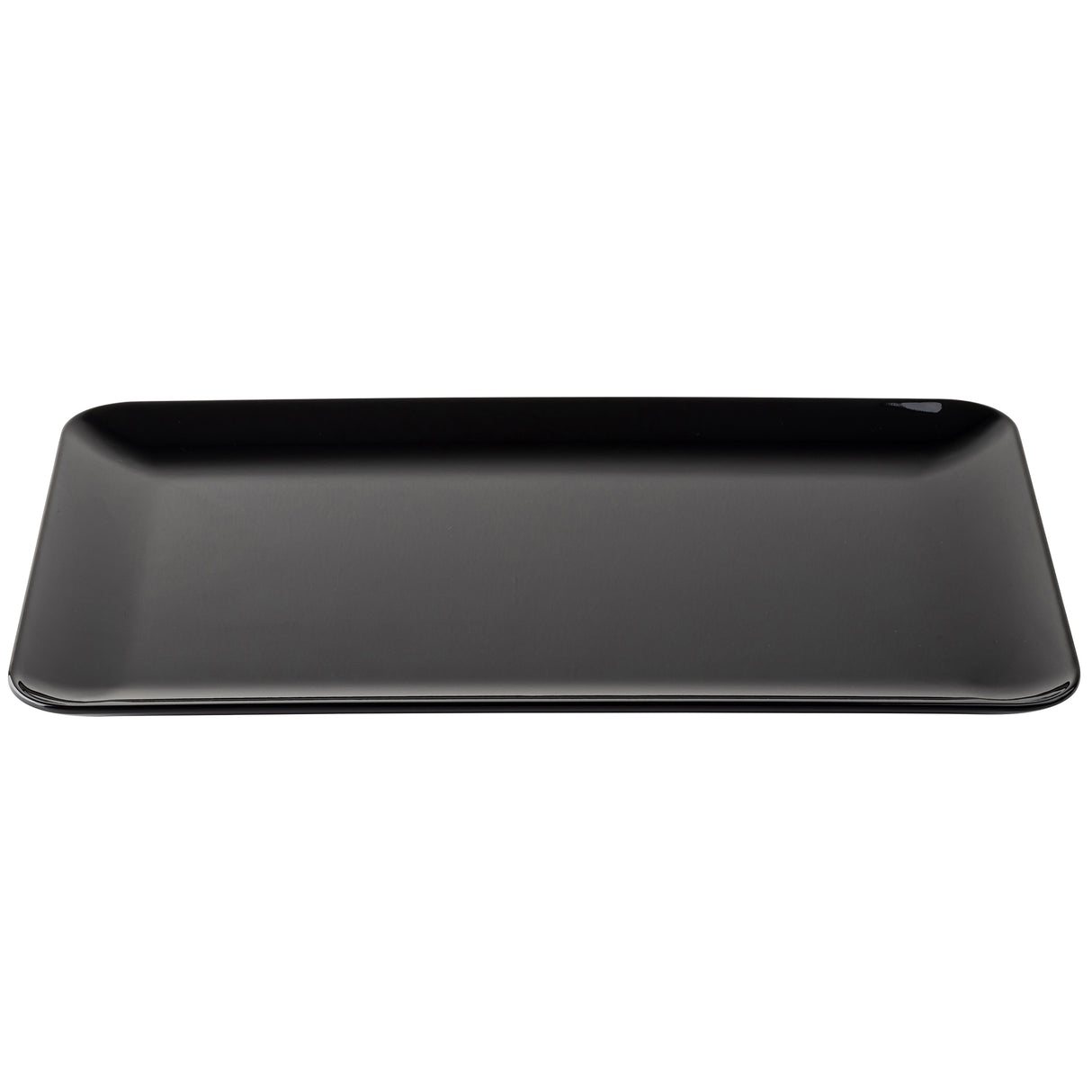 A rectangular, shallow, glossy black serving platter with slightly raised edges. The plate is photographed from above against a plain white background. It is empty, sleek, and modern—part of the elegant Sierra Collection Serving Platter line.