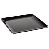 A black serving platter with a square shape, slightly raised rounded edges, and a smooth, glossy finish is shown against a white background. Its minimalist design makes it an elegant choice for contemporary table settings.
