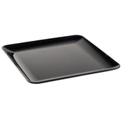 A black serving platter with a square shape, slightly raised rounded edges, and a smooth, glossy finish is shown against a white background. Its minimalist design makes it an elegant choice for contemporary table settings.