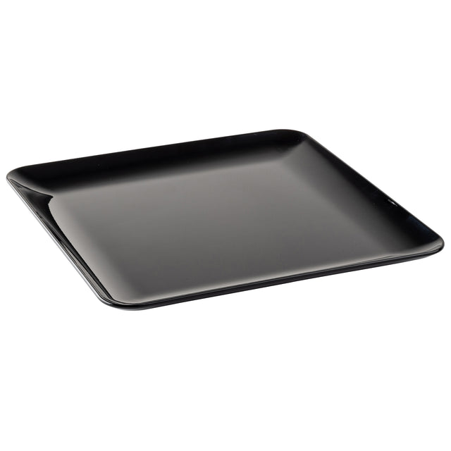A black serving platter with a square shape, slightly raised rounded edges, and a smooth, glossy finish is shown against a white background. Its minimalist design makes it an elegant choice for contemporary table settings.